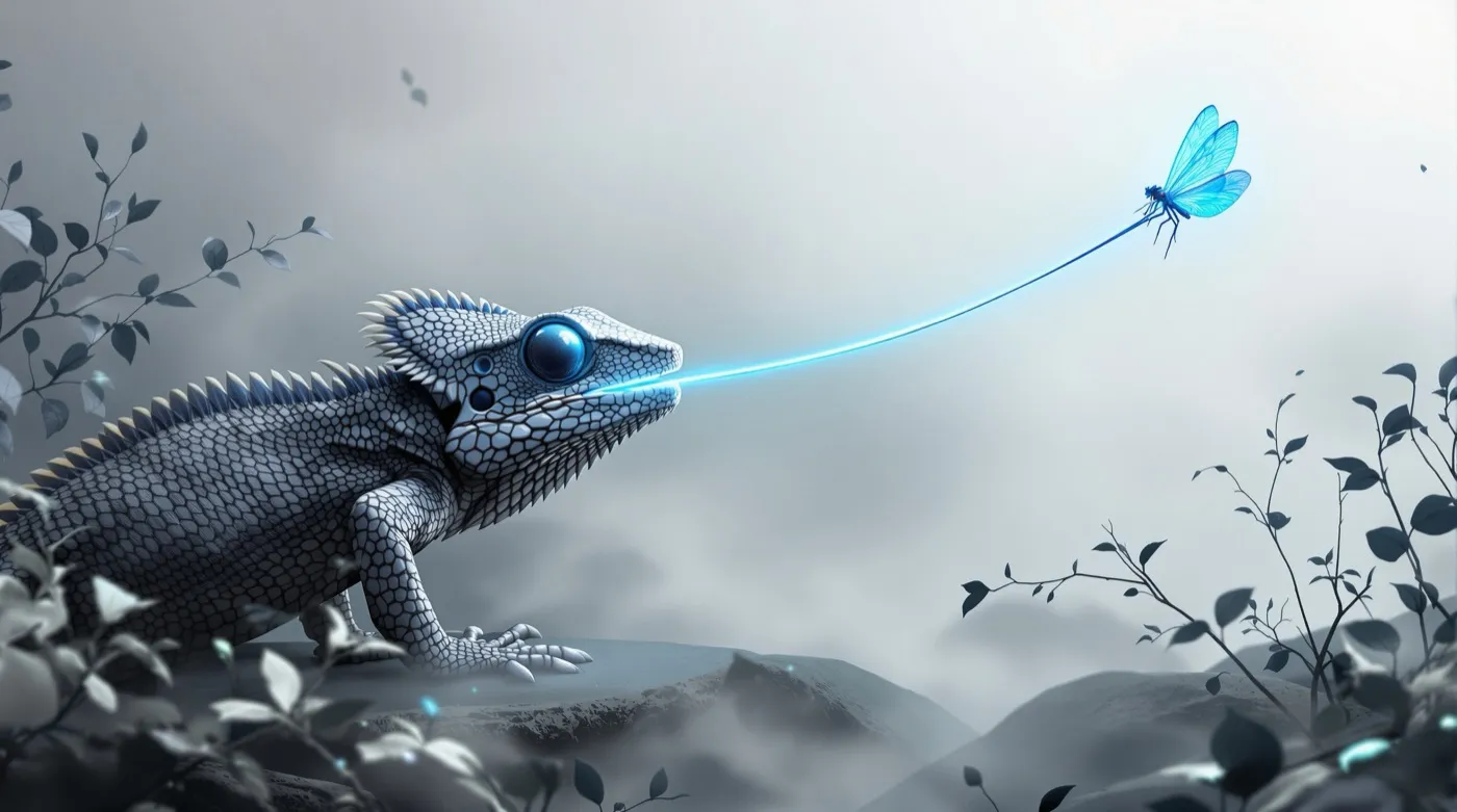 Reino salvaje, a Canvas Revolution print of a chameleon catching a blue dragonfly